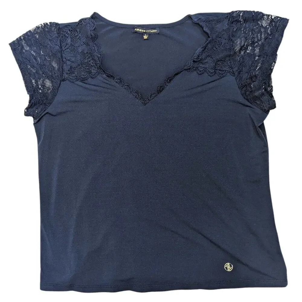 Adrienne Vittadini Large Navy Blue Short Sleeve Stretch Lace Shoulder Shirt